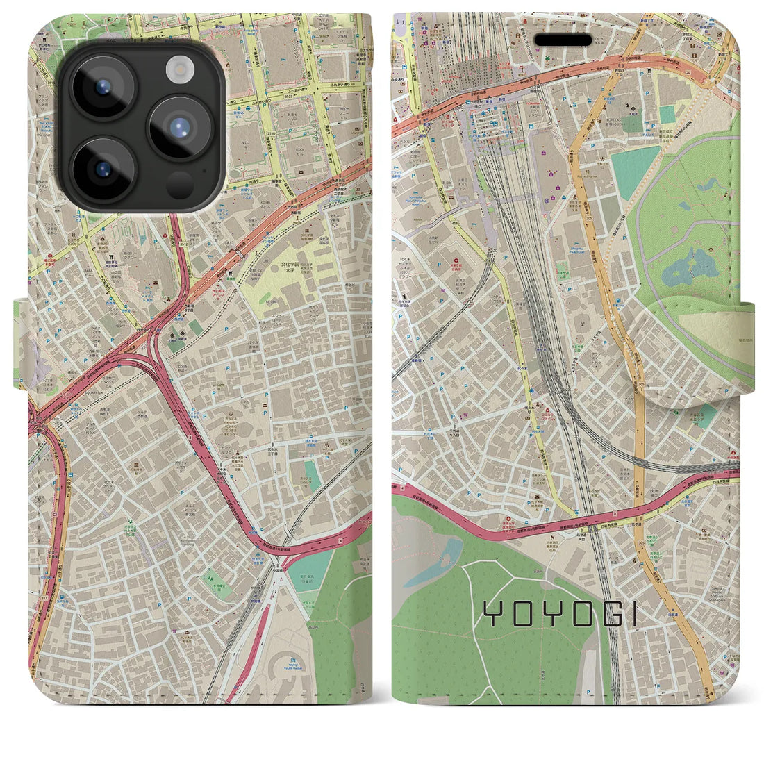 【代々木2】地図柄iPhoneケース（手帳両面タイプ・ナチュラル）iPhone 15 Pro Max 用
