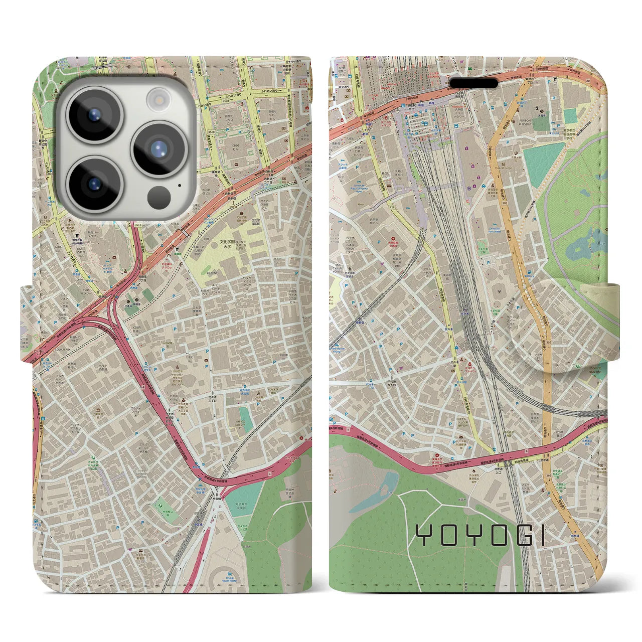 【代々木2】地図柄iPhoneケース（手帳両面タイプ・ナチュラル）iPhone 15 Pro 用