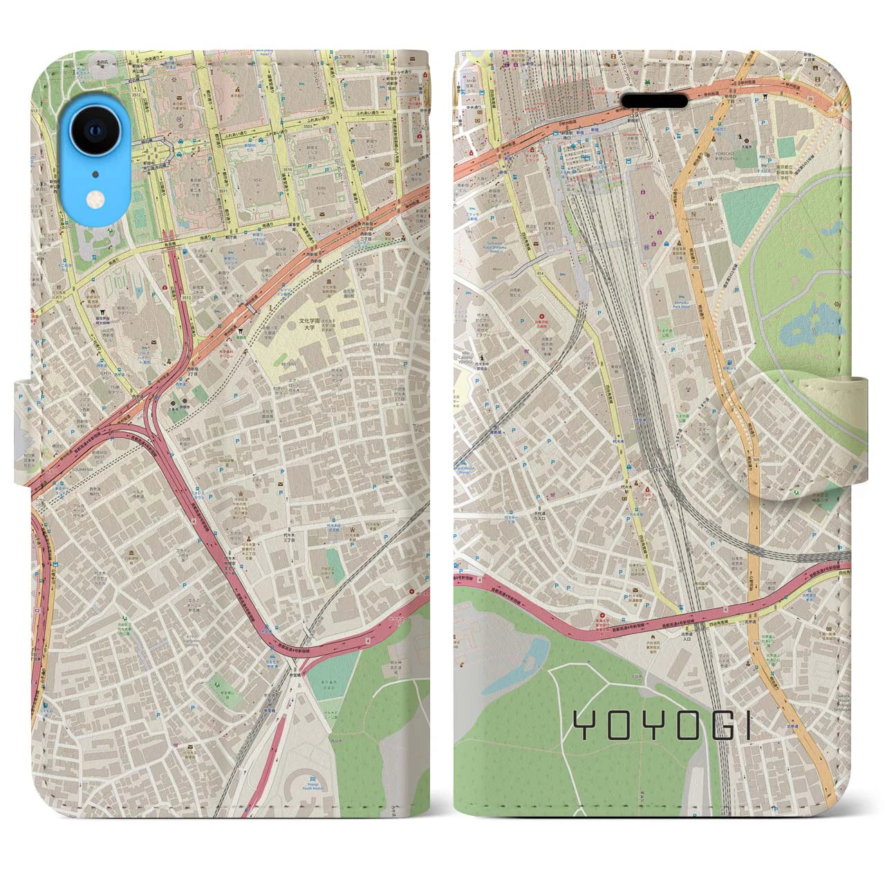【代々木2】地図柄iPhoneケース（手帳両面タイプ・ナチュラル）iPhone XR 用