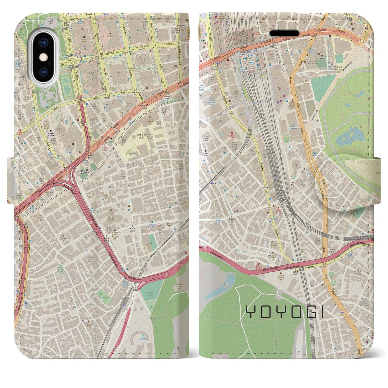 【代々木2】地図柄iPhoneケース（手帳両面タイプ・ナチュラル）iPhone XS Max 用