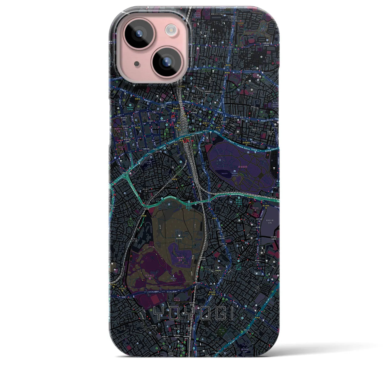 【代々木】地図柄iPhoneケース（バックカバータイプ・ブラック）iPhone 15 Plus 用