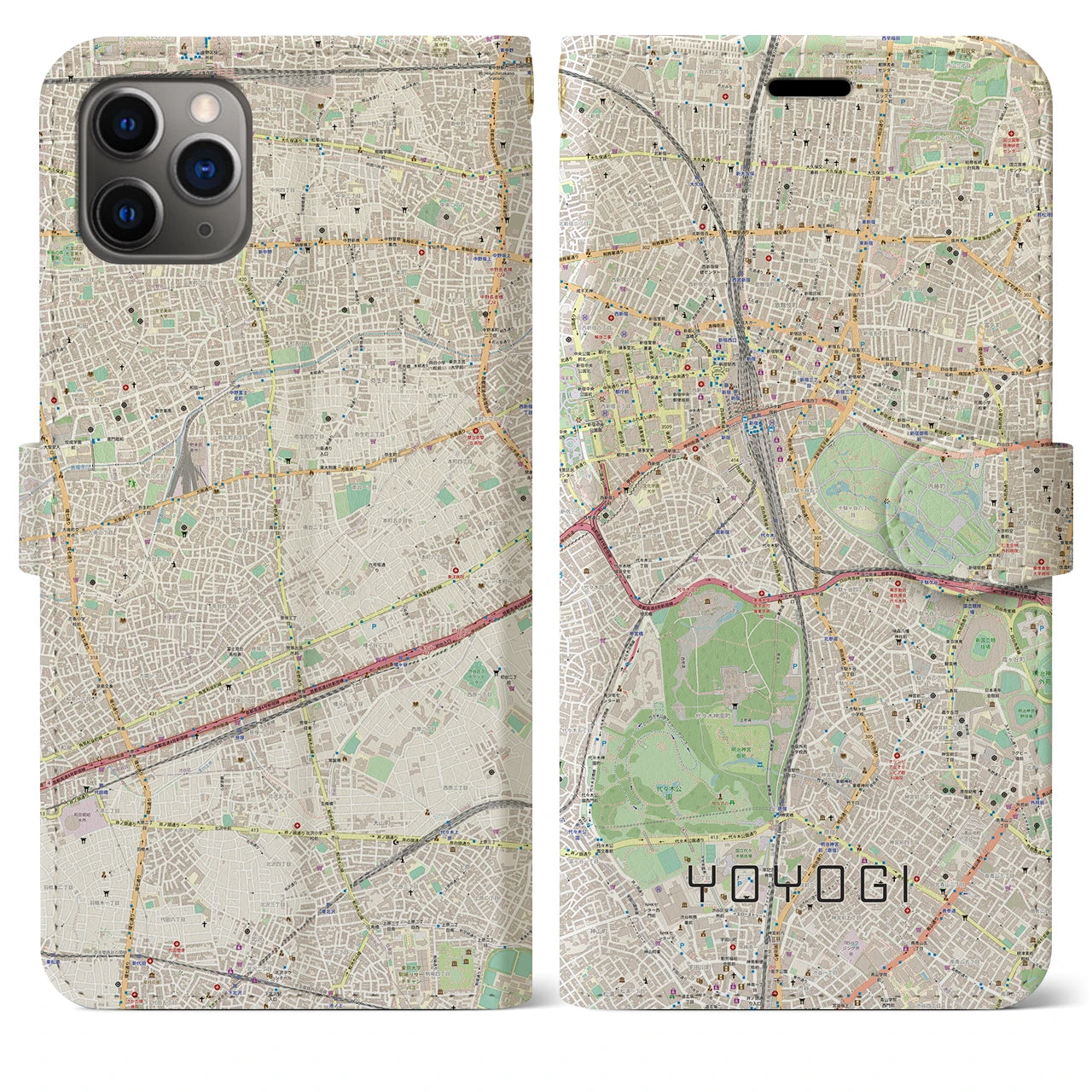 【代々木】地図柄iPhoneケース（手帳両面タイプ・ナチュラル）iPhone 11 Pro Max 用