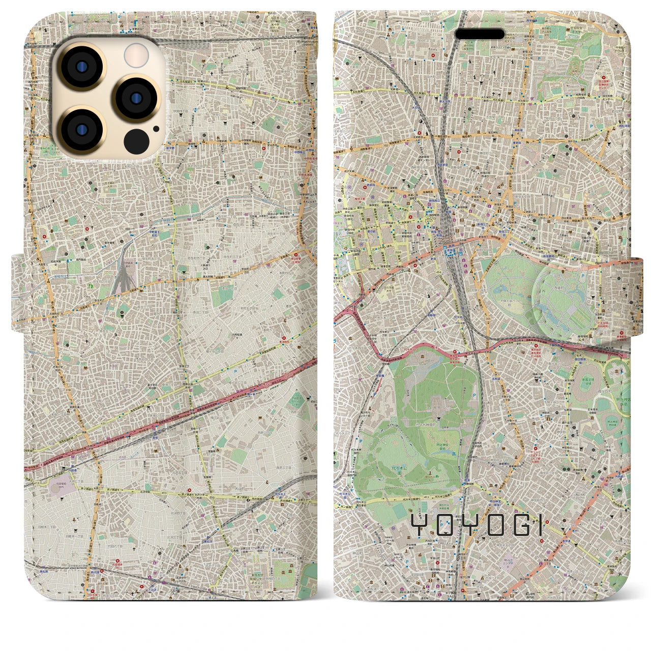 【代々木】地図柄iPhoneケース（手帳両面タイプ・ナチュラル）iPhone 12 Pro Max 用