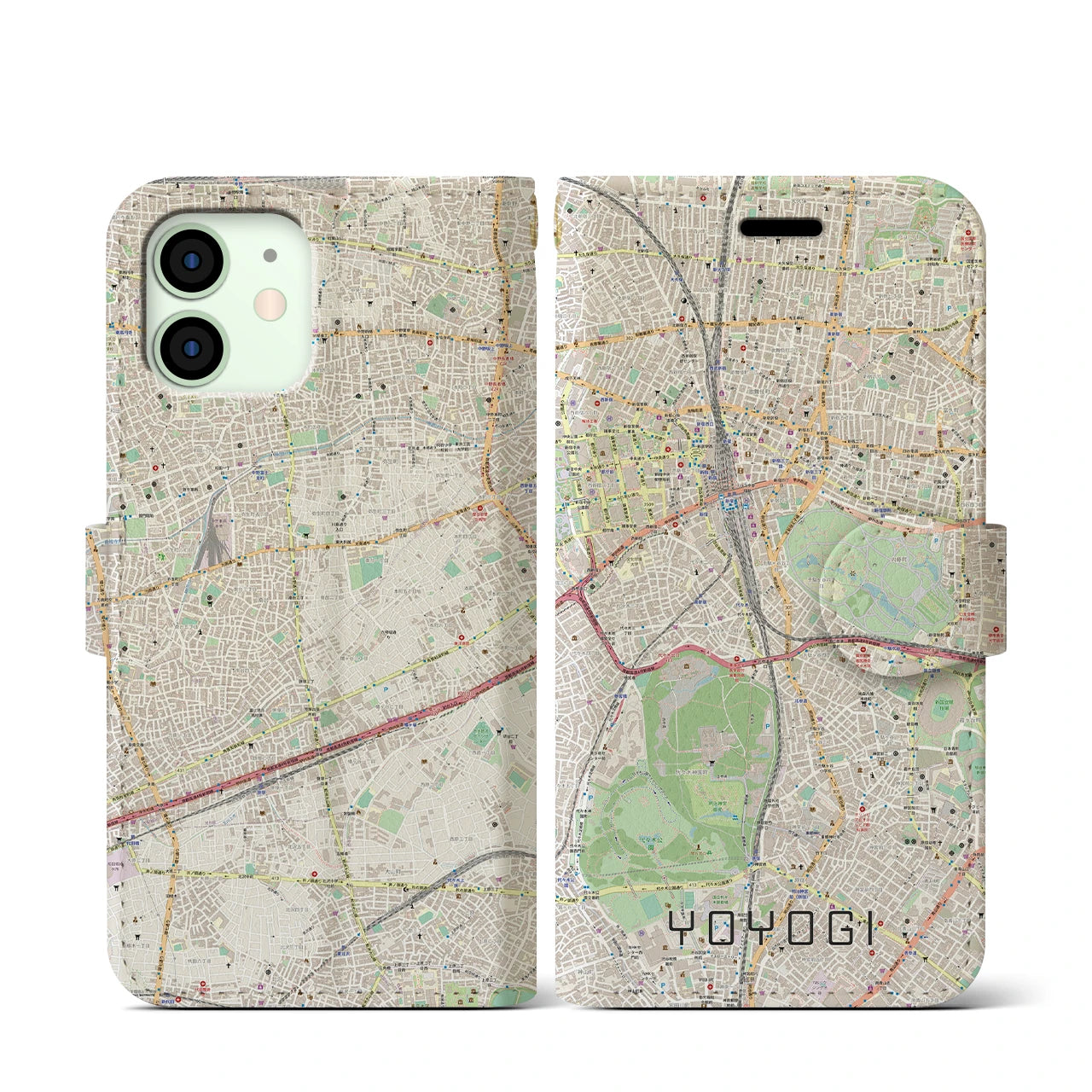 【代々木】地図柄iPhoneケース（手帳両面タイプ・ナチュラル）iPhone 12 mini 用