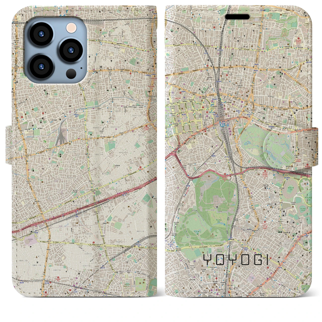 【代々木】地図柄iPhoneケース（手帳両面タイプ・ナチュラル）iPhone 13 Pro Max 用