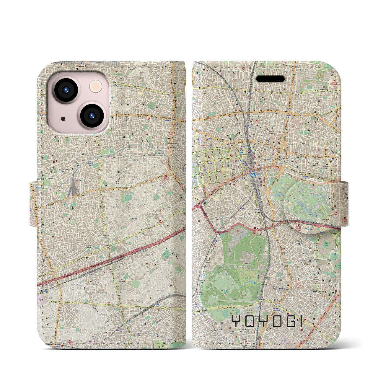 【代々木】地図柄iPhoneケース（手帳両面タイプ・ナチュラル）iPhone 13 mini 用