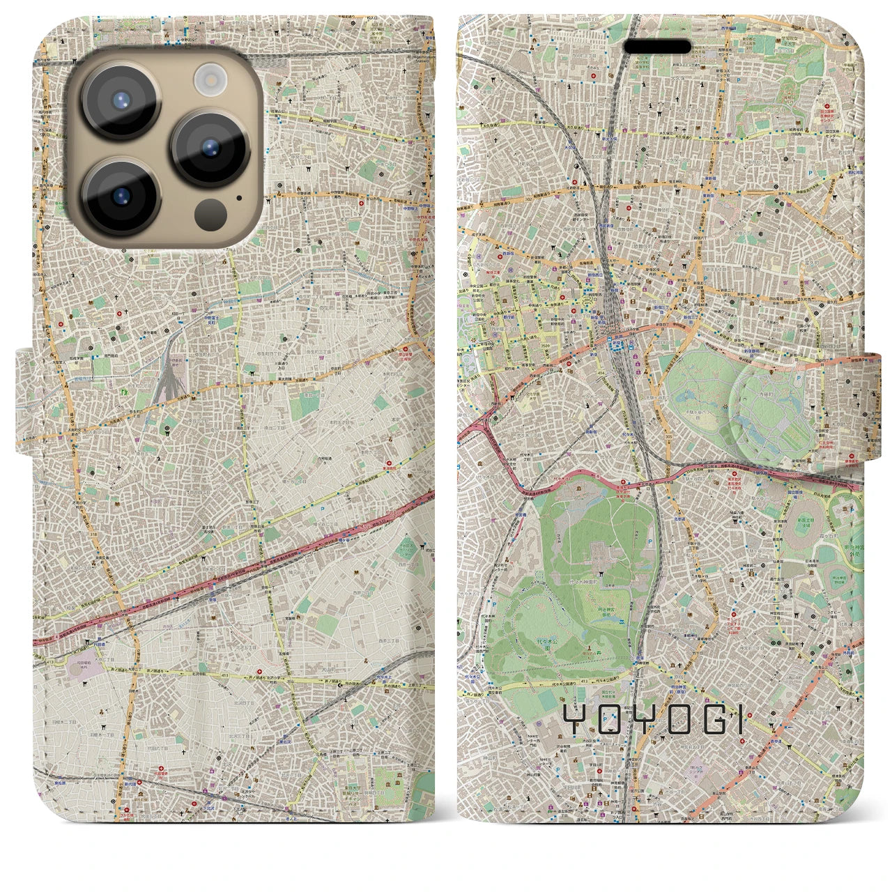 【代々木】地図柄iPhoneケース（手帳両面タイプ・ナチュラル）iPhone 14 Pro Max 用