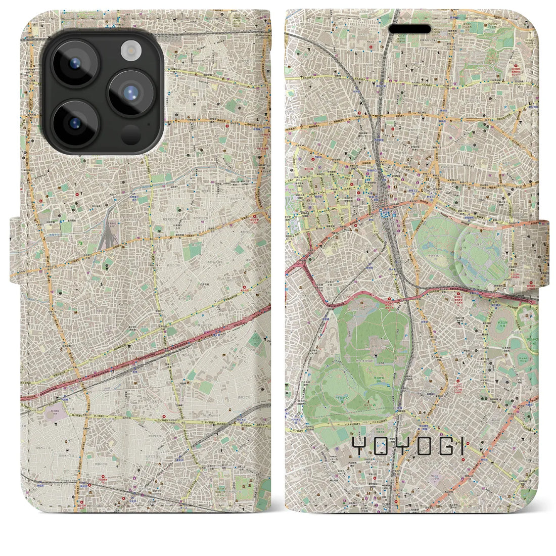 【代々木】地図柄iPhoneケース（手帳両面タイプ・ナチュラル）iPhone 15 Pro Max 用