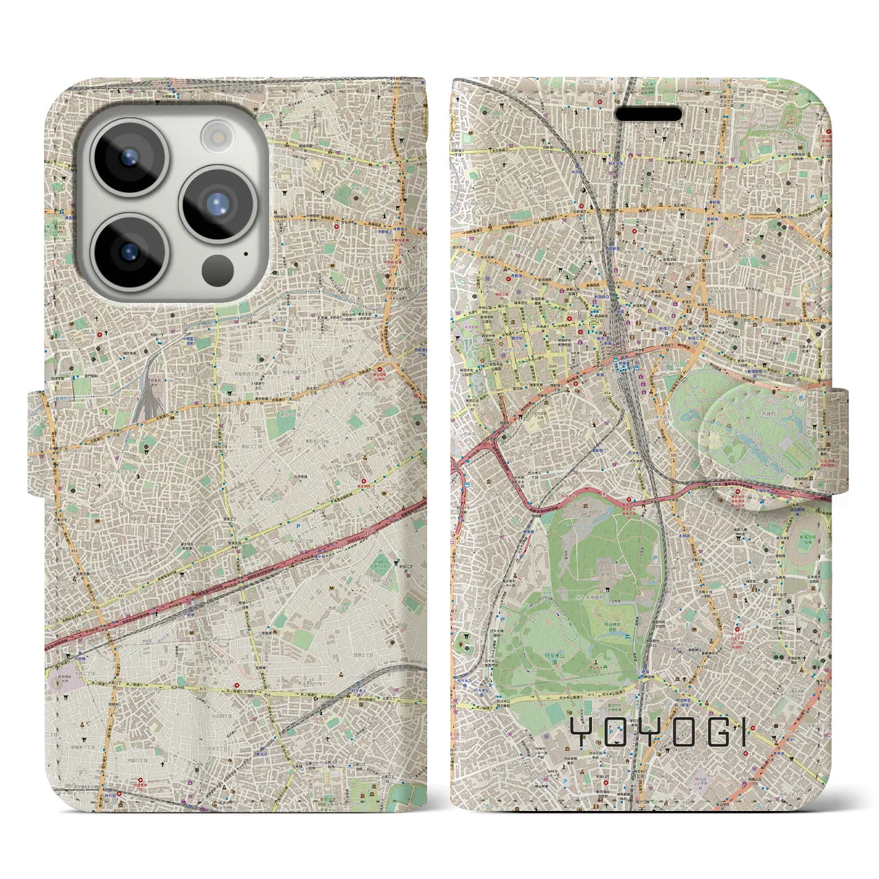 【代々木】地図柄iPhoneケース（手帳両面タイプ・ナチュラル）iPhone 15 Pro 用