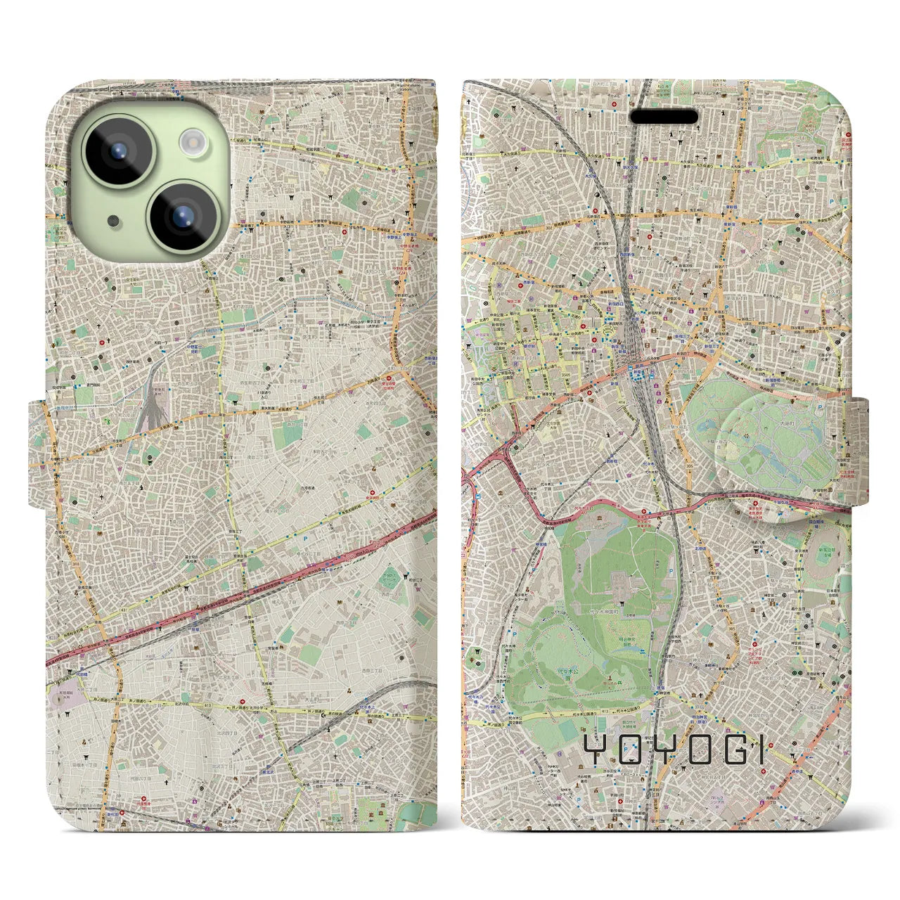 【代々木】地図柄iPhoneケース（手帳両面タイプ・ナチュラル）iPhone 15 用