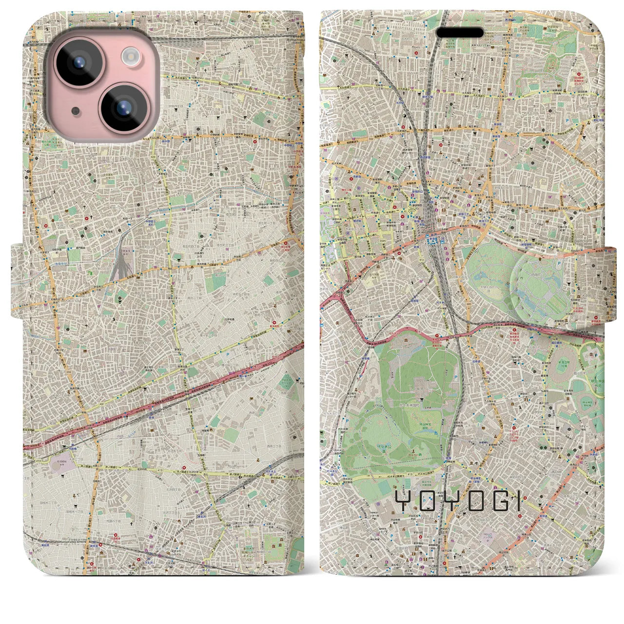 【代々木】地図柄iPhoneケース（手帳両面タイプ・ナチュラル）iPhone 15 Plus 用