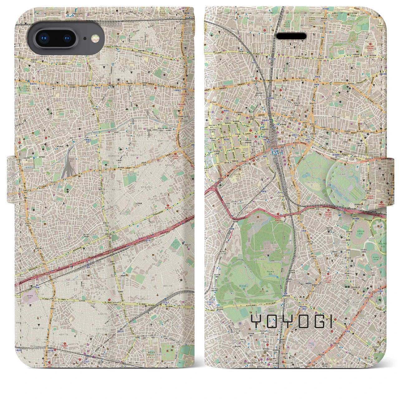 【代々木】地図柄iPhoneケース（手帳両面タイプ・ナチュラル）iPhone 8Plus /7Plus / 6sPlus / 6Plus 用