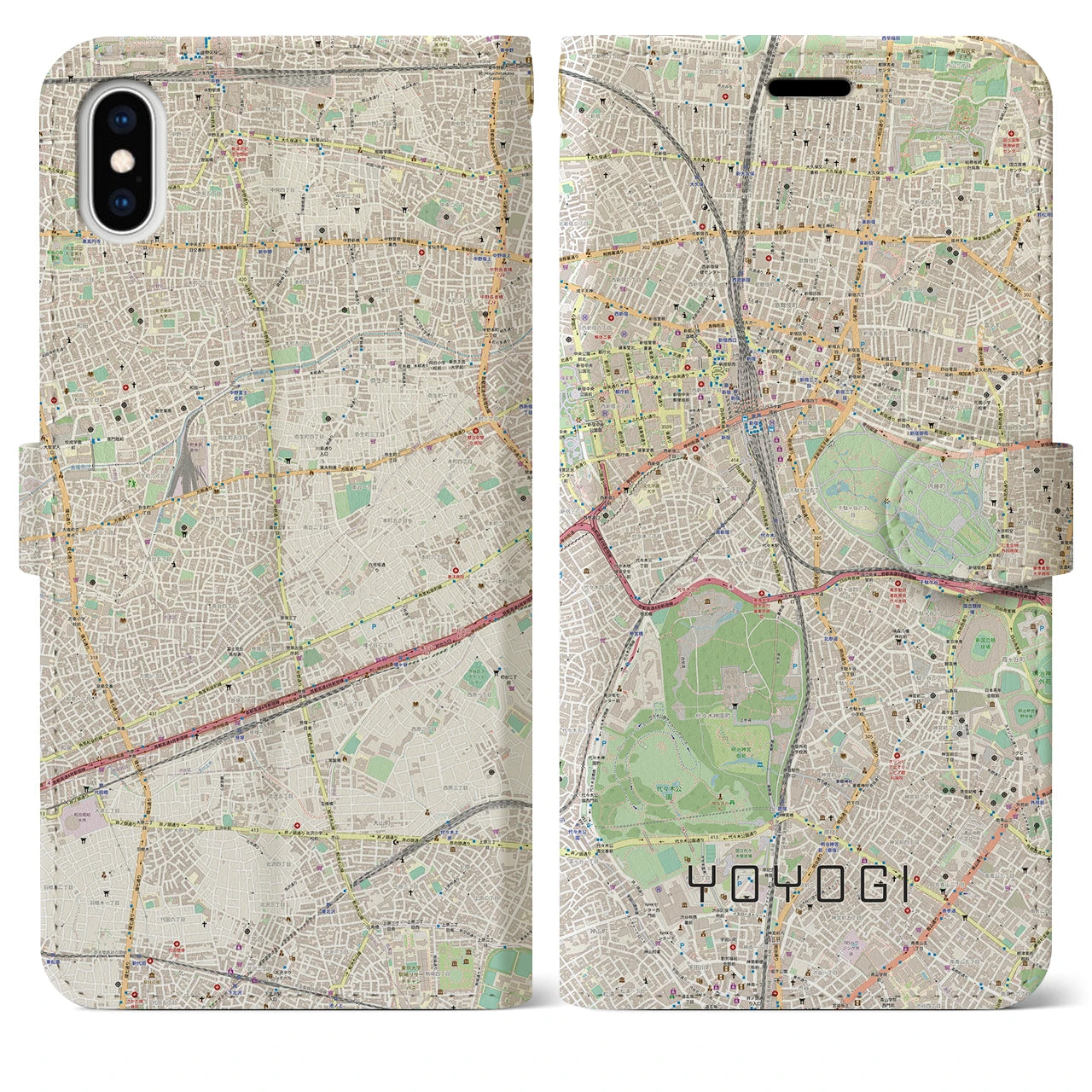 【代々木】地図柄iPhoneケース（手帳両面タイプ・ナチュラル）iPhone XS Max 用