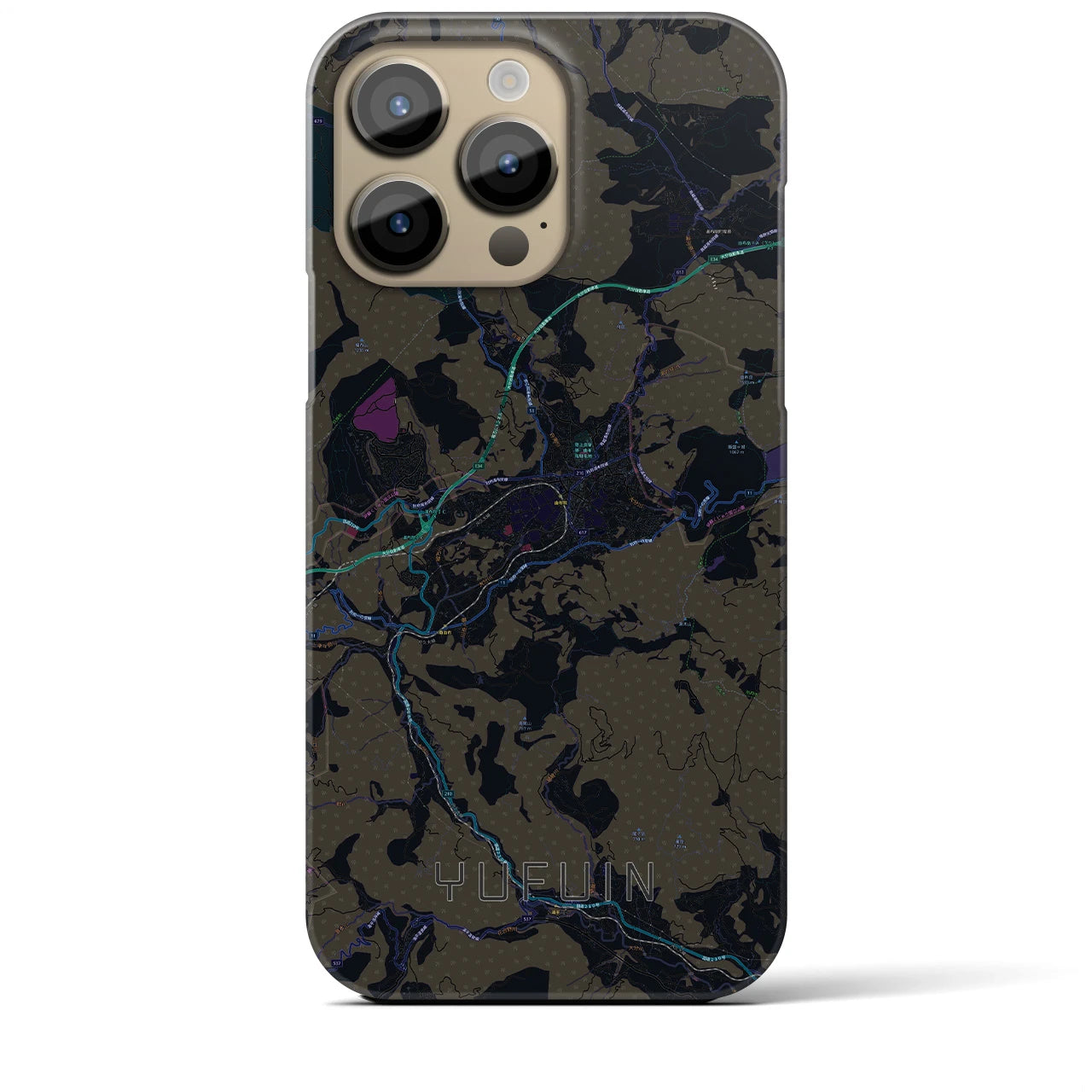 【湯布院】地図柄iPhoneケース（バックカバータイプ・ブラック）iPhone 14 Pro Max 用