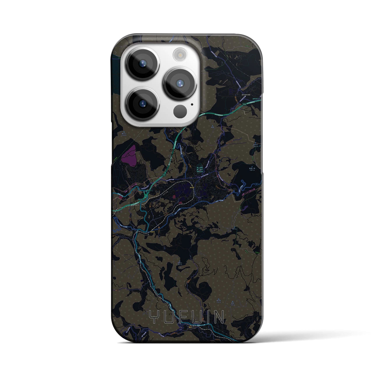 【湯布院】地図柄iPhoneケース（バックカバータイプ・ブラック）iPhone 14 Pro 用