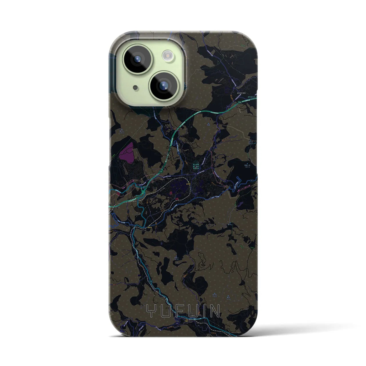 【湯布院】地図柄iPhoneケース（バックカバータイプ・ブラック）iPhone 15 用