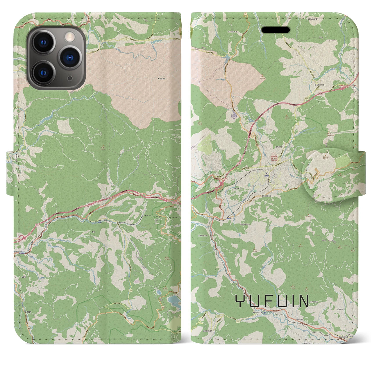 【湯布院】地図柄iPhoneケース（手帳両面タイプ・ナチュラル）iPhone 11 Pro Max 用