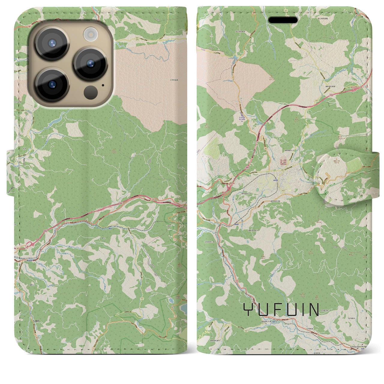 【湯布院】地図柄iPhoneケース（手帳両面タイプ・ナチュラル）iPhone 14 Pro Max 用