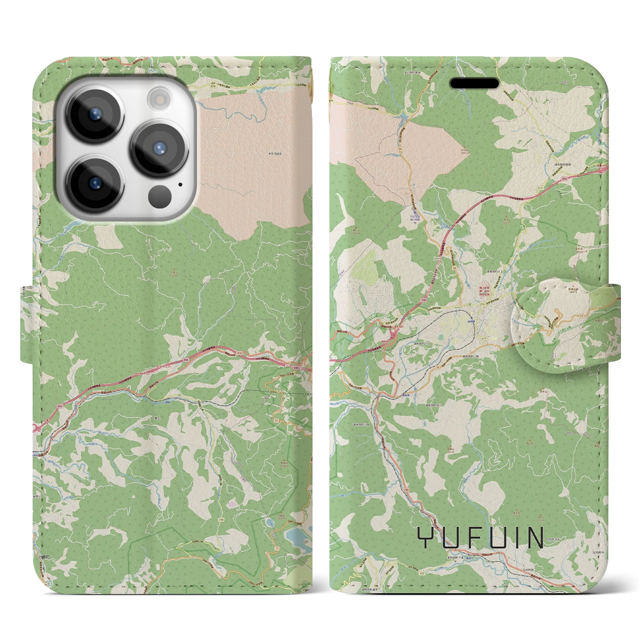【湯布院】地図柄iPhoneケース（手帳両面タイプ・ナチュラル）iPhone 14 Pro 用