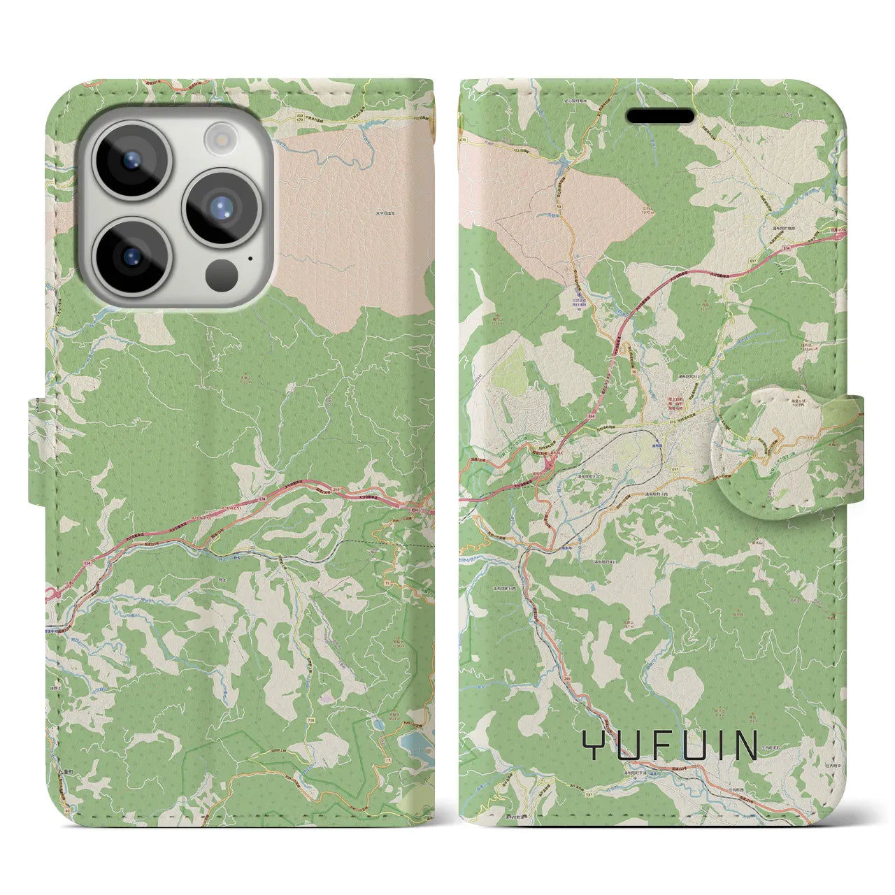 【湯布院】地図柄iPhoneケース（手帳両面タイプ・ナチュラル）iPhone 15 Pro 用