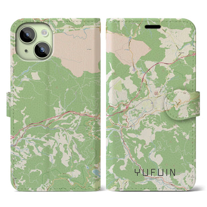【湯布院（大分県）】地図柄iPhoneケース（手帳タイプ）ナチュラル・iPhone 15 用