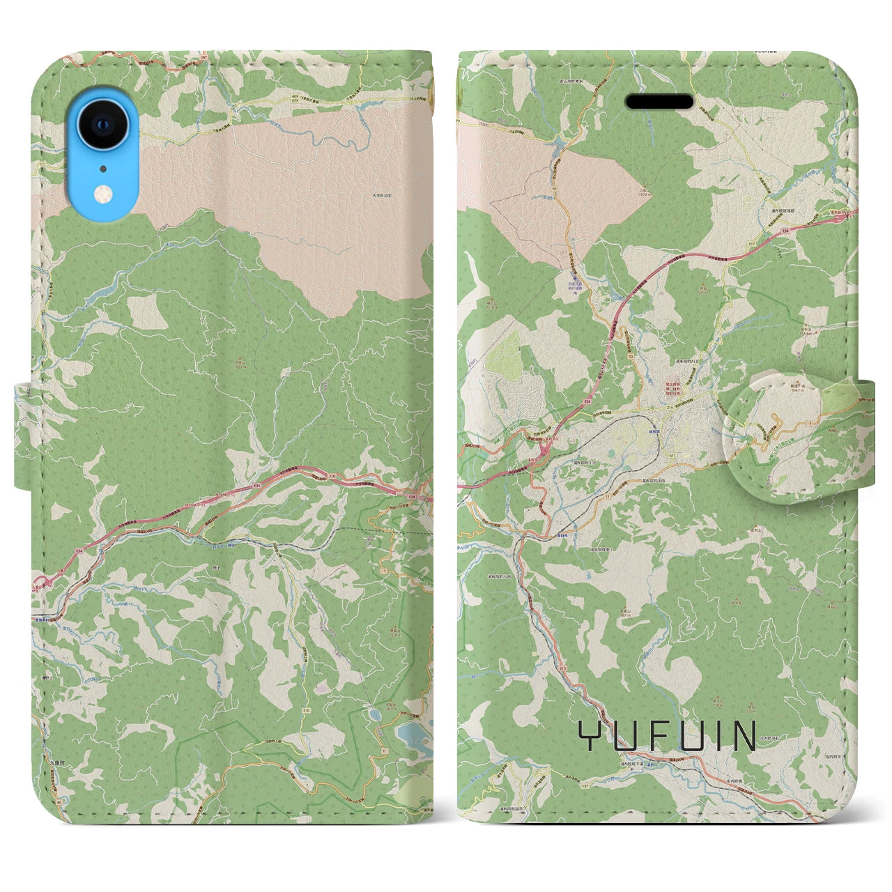 【湯布院】地図柄iPhoneケース（手帳両面タイプ・ナチュラル）iPhone XR 用