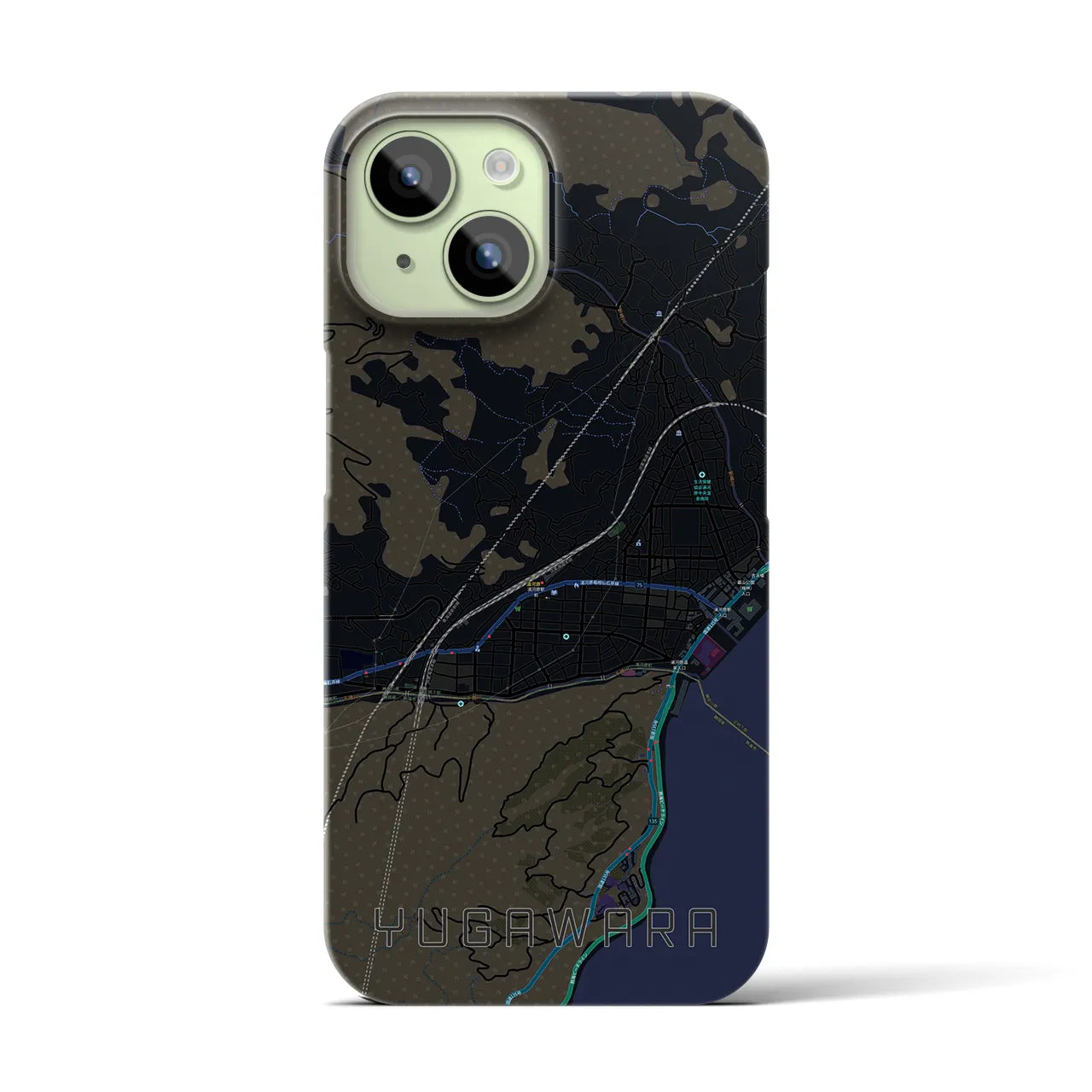 【湯河原】地図柄iPhoneケース（バックカバータイプ・ブラック）iPhone 15 用