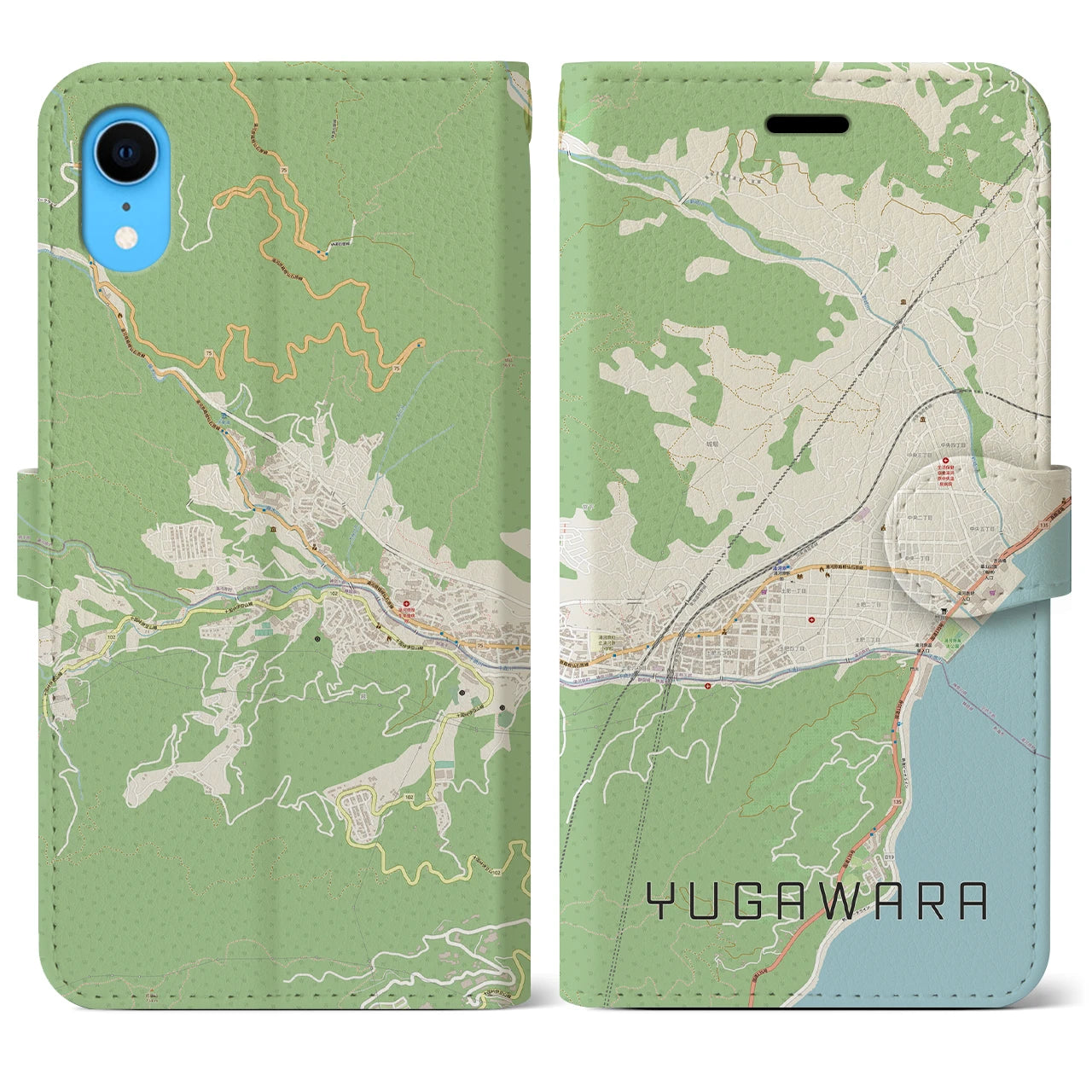 【湯河原】地図柄iPhoneケース（手帳両面タイプ・ナチュラル）iPhone XR 用