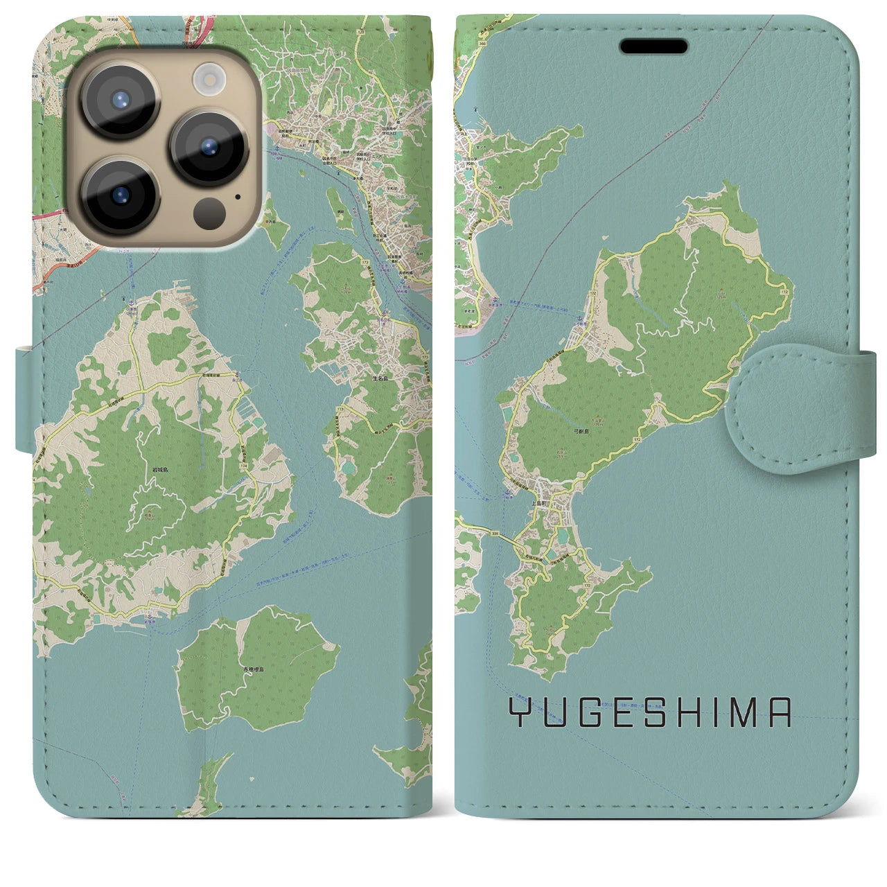 【弓削島】地図柄iPhoneケース（手帳両面タイプ・ナチュラル）iPhone 14 Pro Max 用