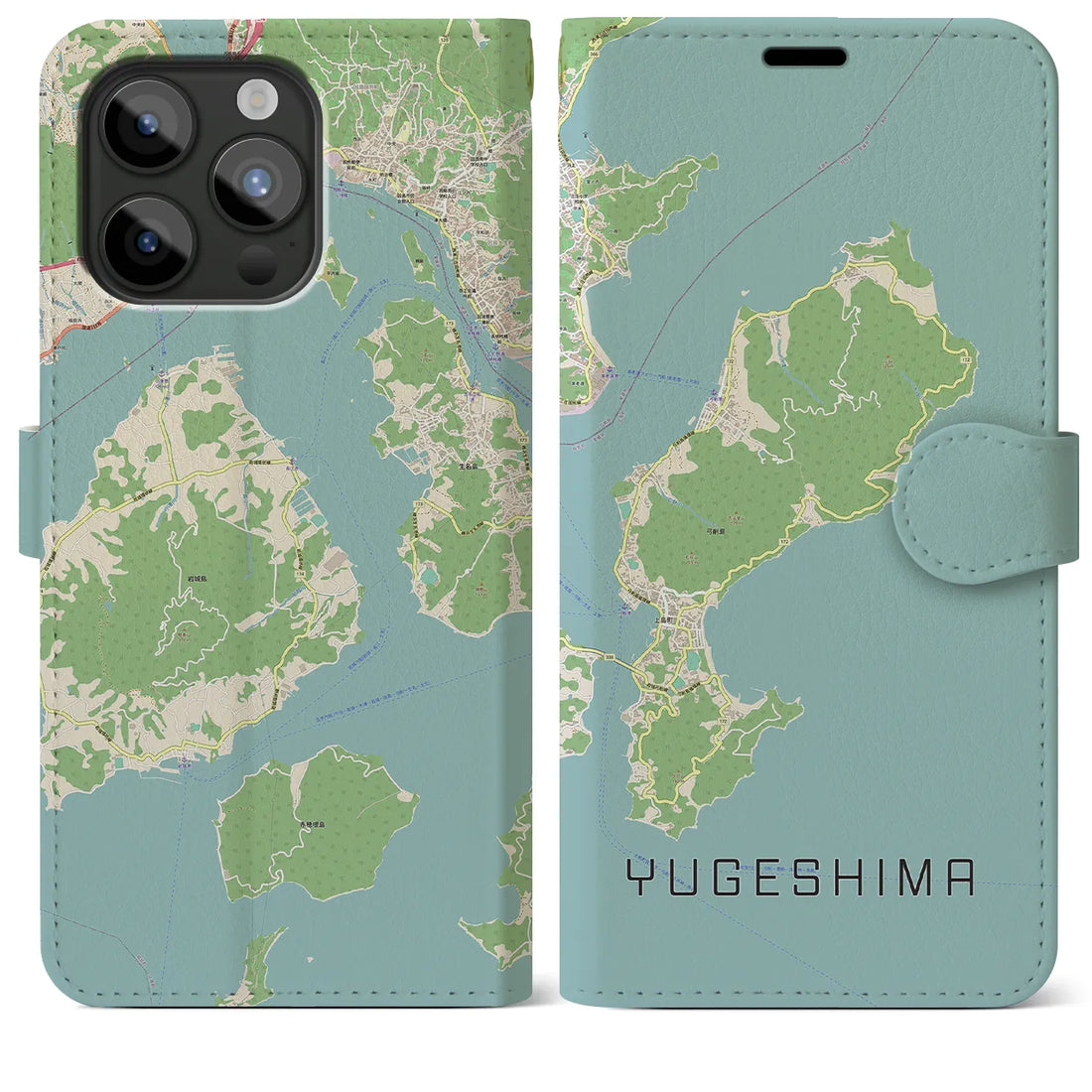【弓削島】地図柄iPhoneケース（手帳両面タイプ・ナチュラル）iPhone 15 Pro Max 用