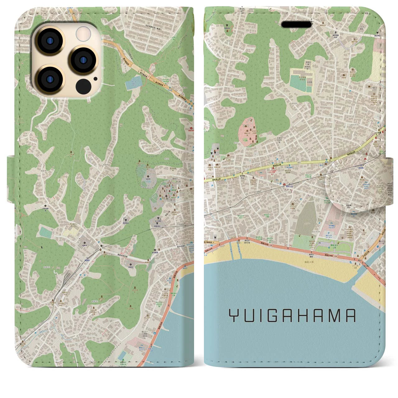 【由比ヶ浜】地図柄iPhoneケース（手帳両面タイプ・ナチュラル）iPhone 12 Pro Max 用