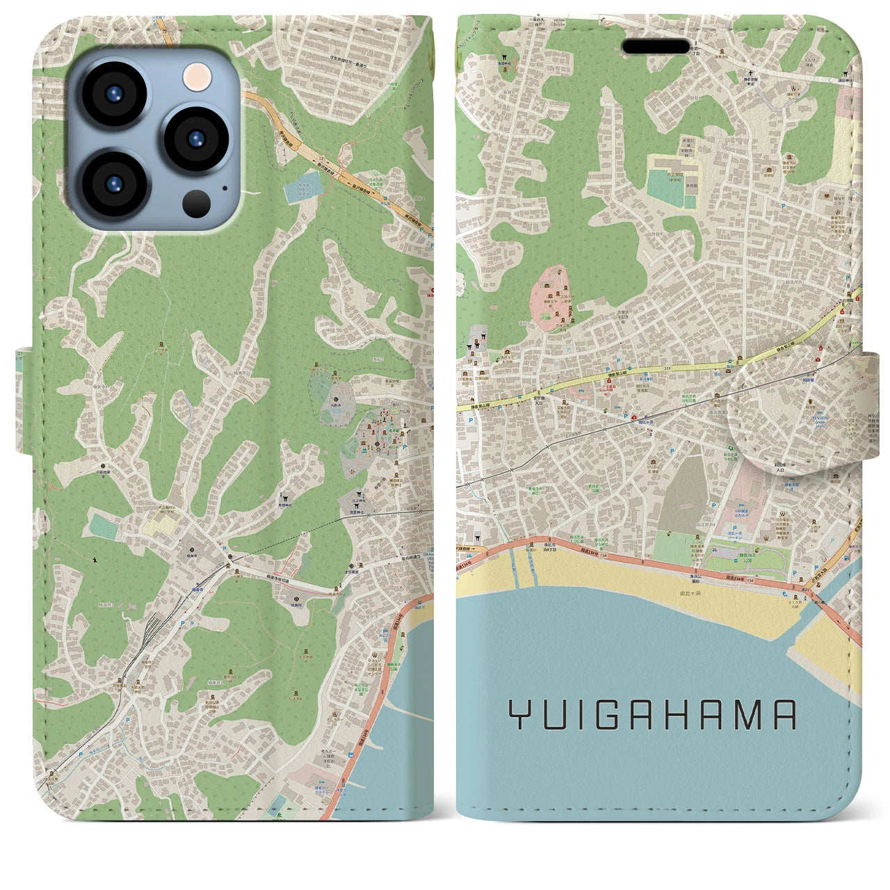 【由比ヶ浜】地図柄iPhoneケース（手帳両面タイプ・ナチュラル）iPhone 13 Pro Max 用