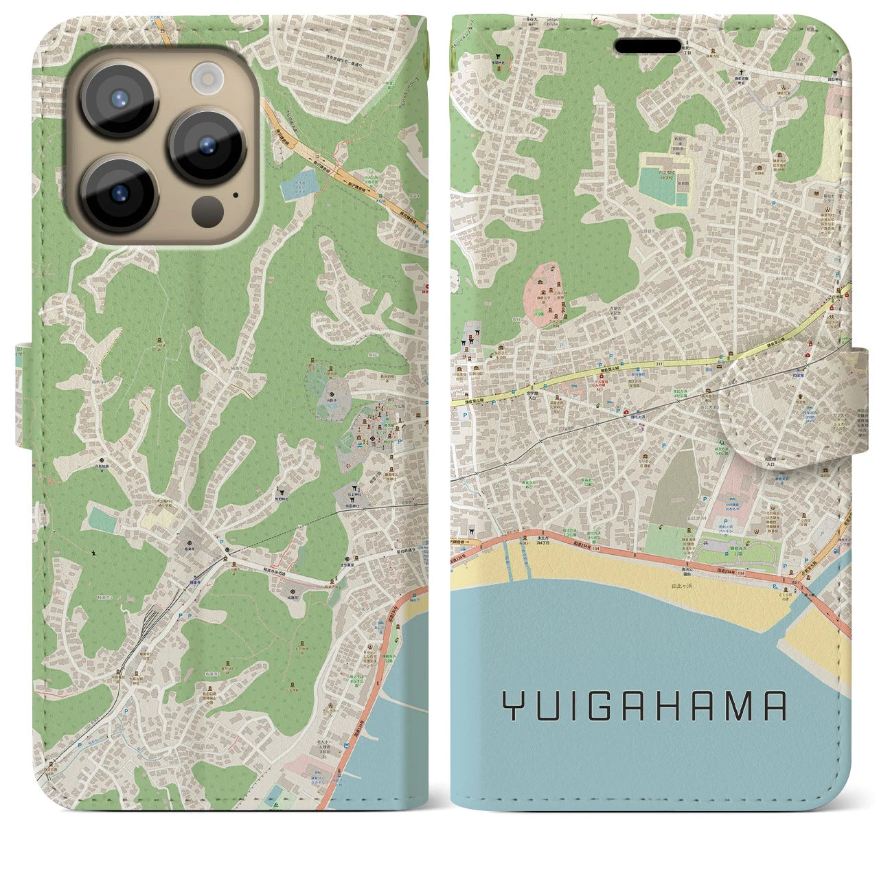 【由比ヶ浜】地図柄iPhoneケース（手帳両面タイプ・ナチュラル）iPhone 14 Pro Max 用