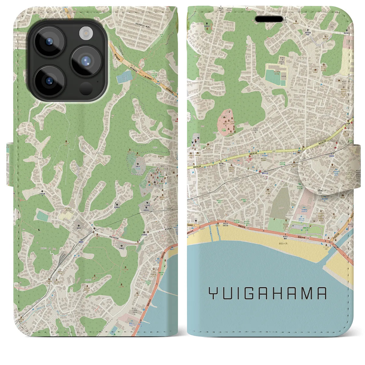 【由比ヶ浜】地図柄iPhoneケース（手帳両面タイプ・ナチュラル）iPhone 15 Pro Max 用