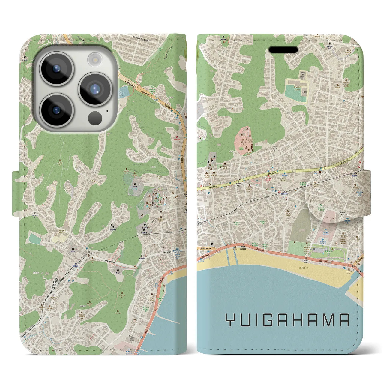 【由比ヶ浜】地図柄iPhoneケース（手帳両面タイプ・ナチュラル）iPhone 15 Pro 用