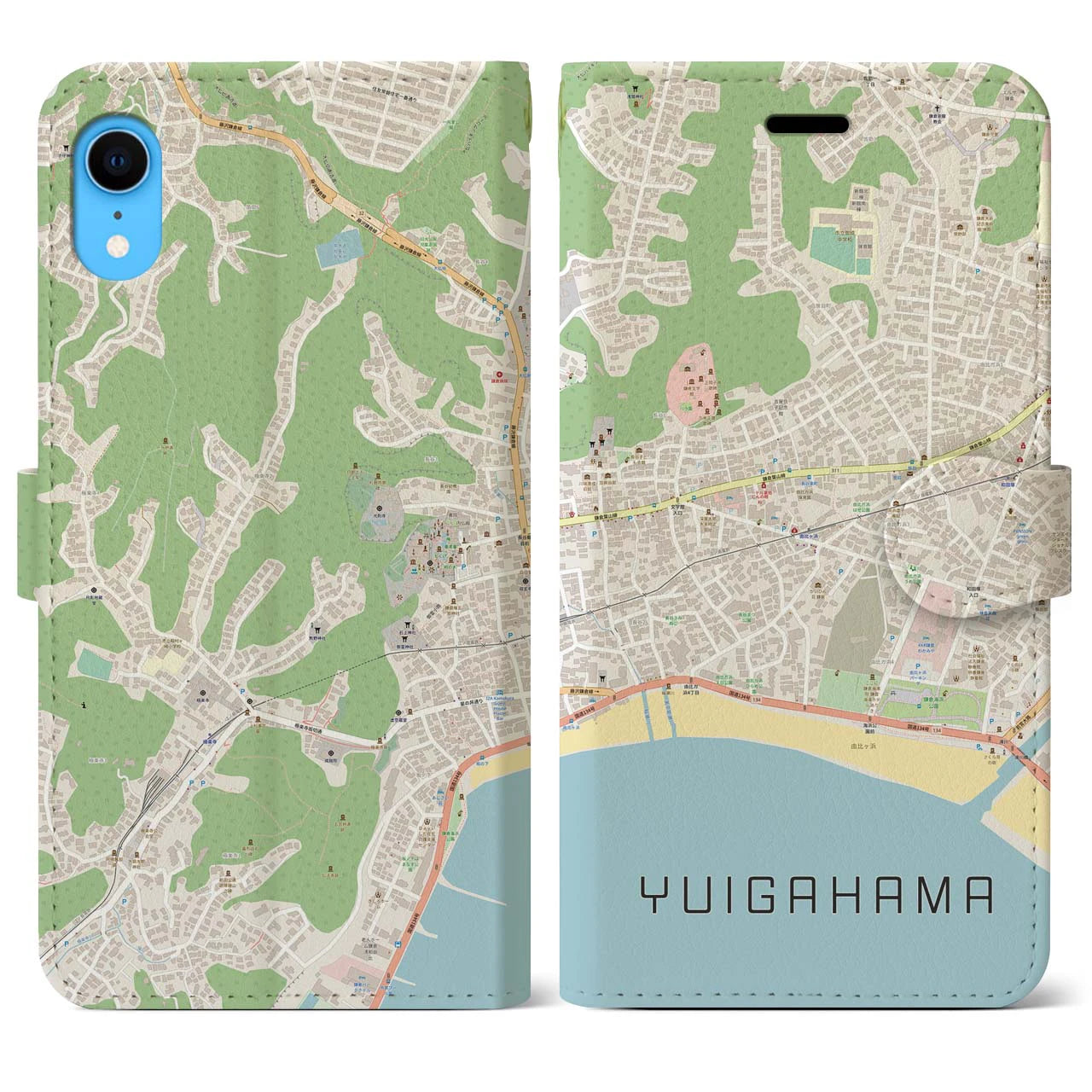 【由比ヶ浜】地図柄iPhoneケース（手帳両面タイプ・ナチュラル）iPhone XR 用