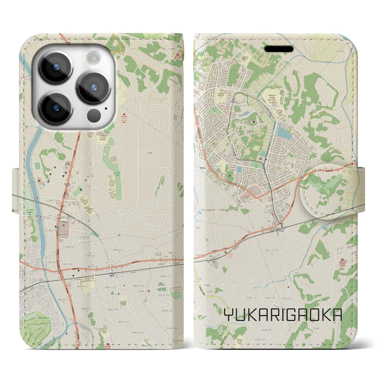 【ユーカリが丘】地図柄iPhoneケース（手帳両面タイプ・ナチュラル）iPhone 14 Pro 用