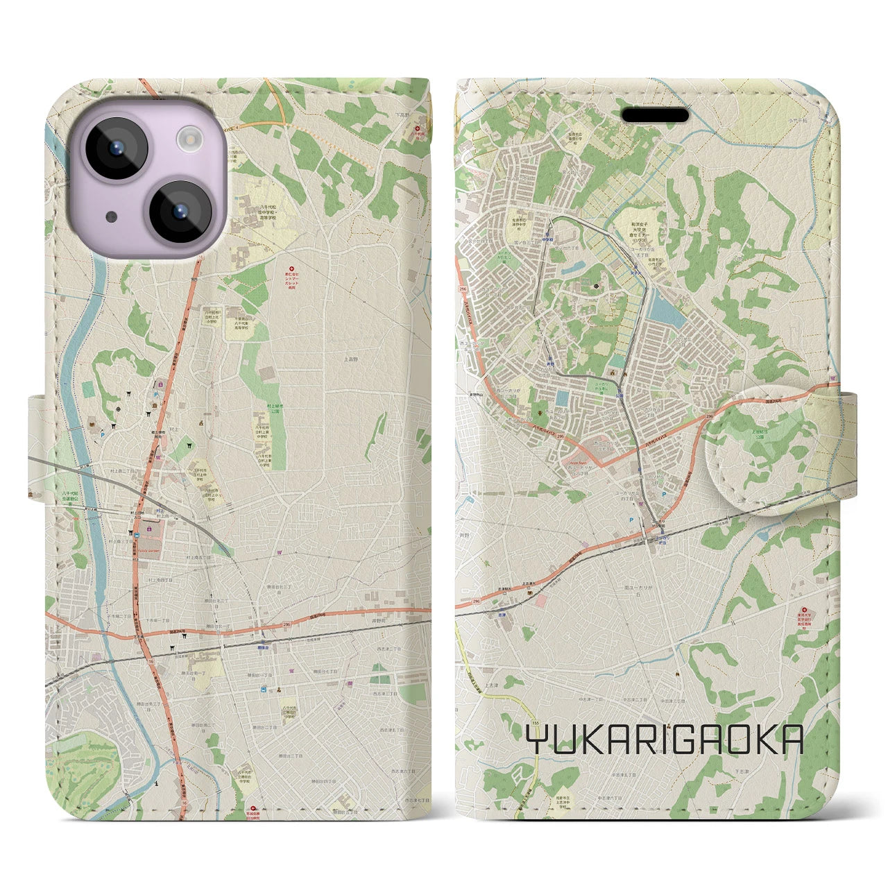 【ユーカリが丘】地図柄iPhoneケース（手帳両面タイプ・ナチュラル）iPhone 14 用
