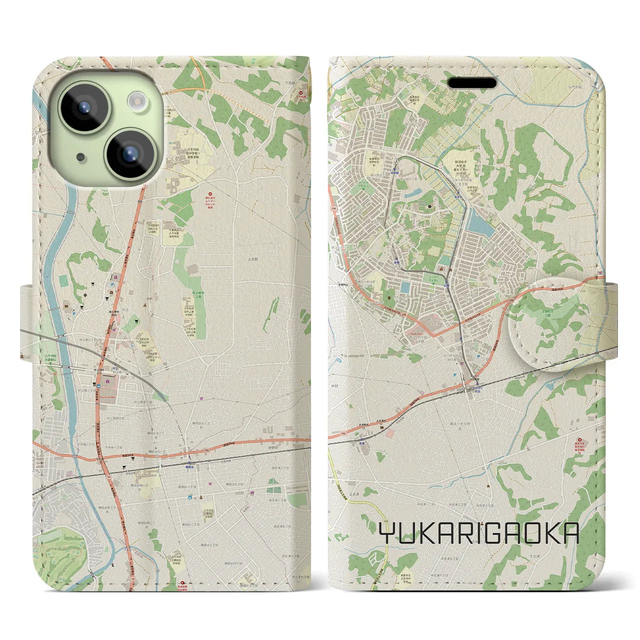 【ユーカリが丘】地図柄iPhoneケース（手帳両面タイプ・ナチュラル）iPhone 15 用