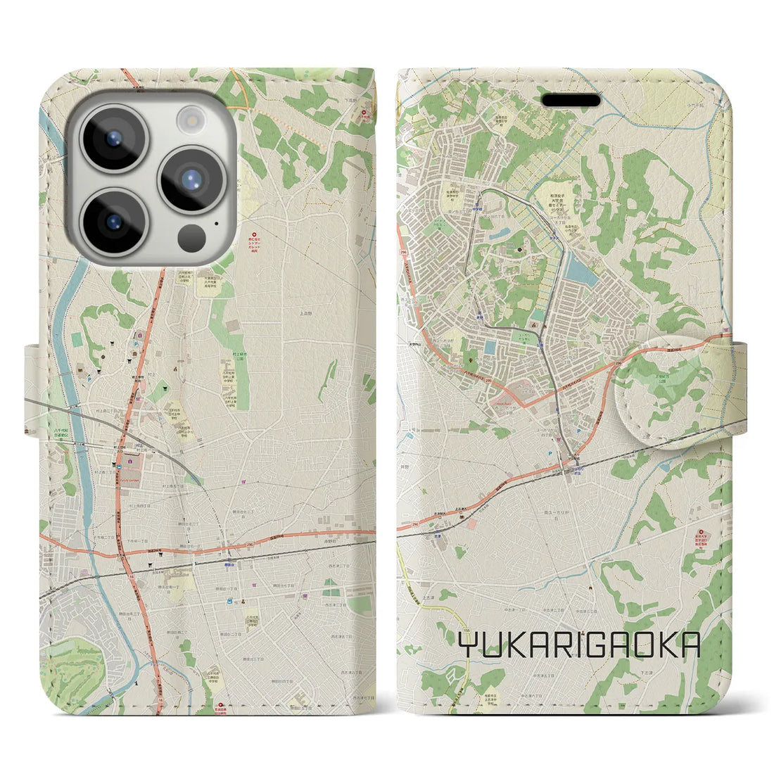 【ユーカリが丘】地図柄iPhoneケース（手帳両面タイプ・ナチュラル）iPhone 15 Pro 用