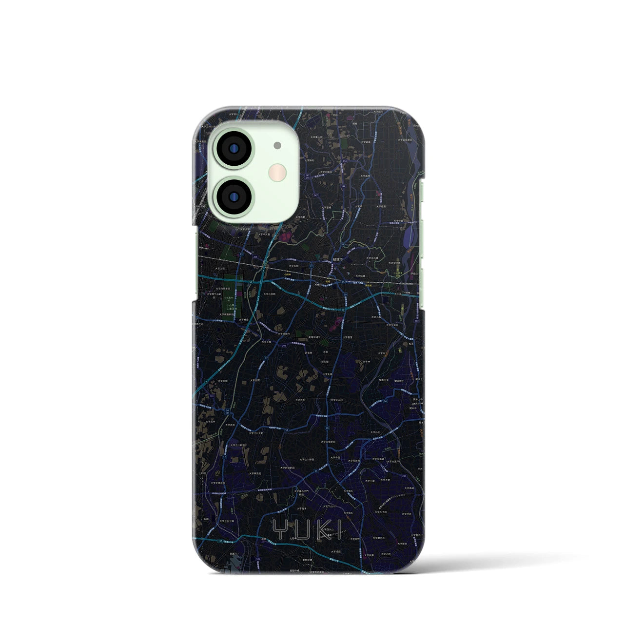 【結城】地図柄iPhoneケース（バックカバータイプ・ブラック）iPhone 12 mini 用