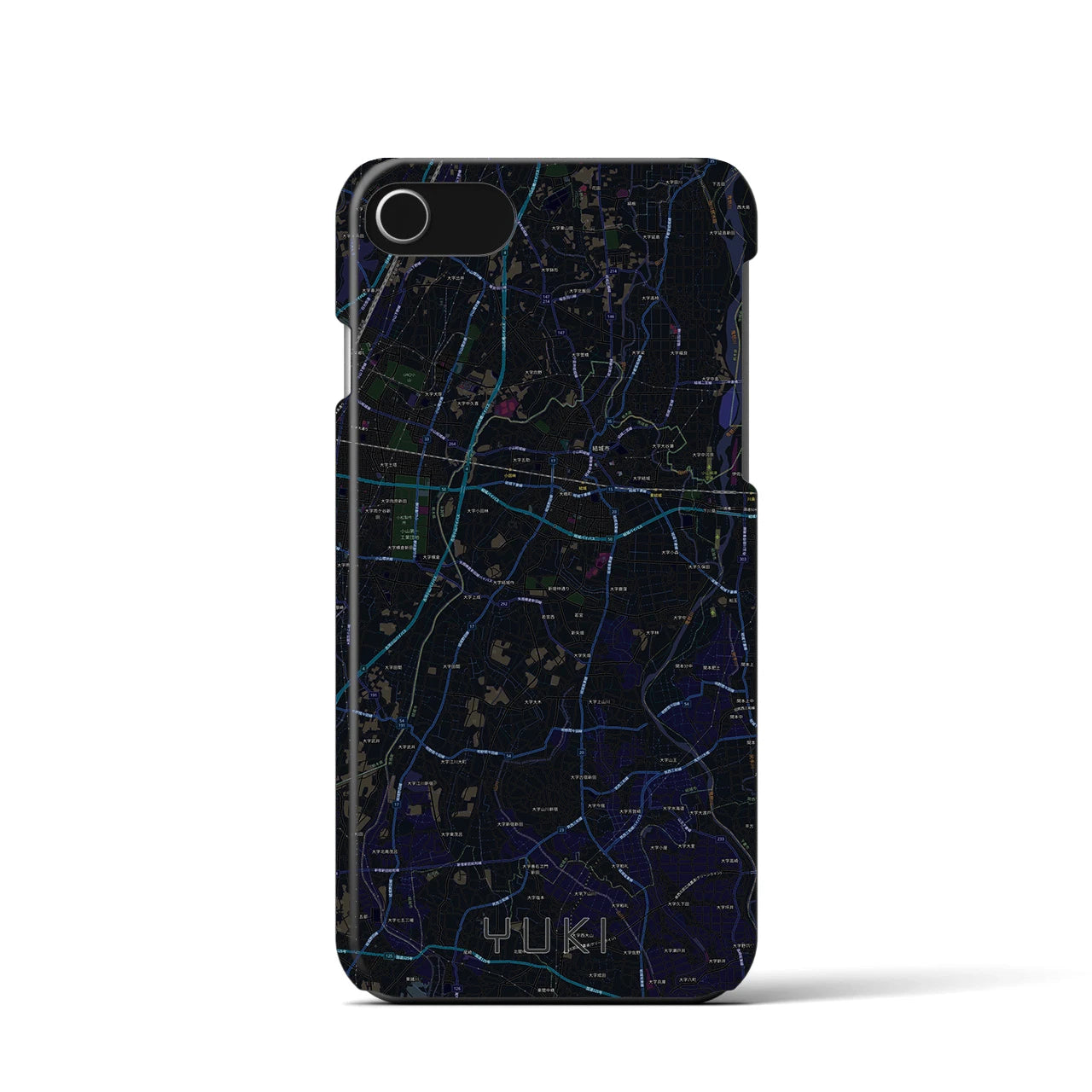 【結城】地図柄iPhoneケース（バックカバータイプ・ブラック）iPhone SE（第3 / 第2世代） / 8 / 7 / 6s / 6 用