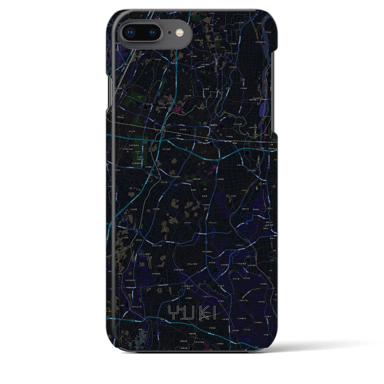 【結城】地図柄iPhoneケース（バックカバータイプ・ブラック）iPhone 8Plus /7Plus / 6sPlus / 6Plus 用