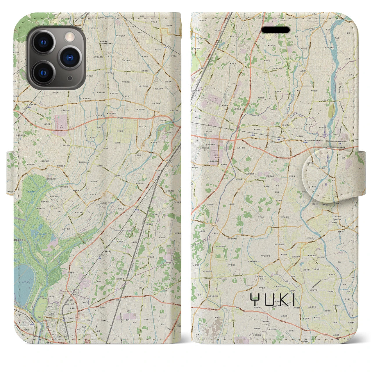 【結城】地図柄iPhoneケース（手帳両面タイプ・ナチュラル）iPhone 11 Pro Max 用