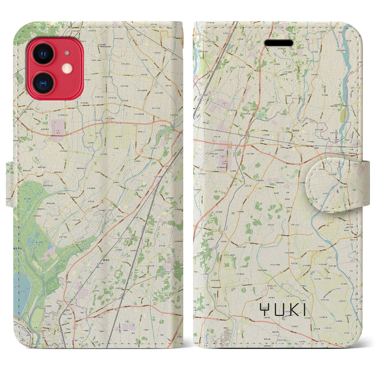 【結城】地図柄iPhoneケース（手帳両面タイプ・ナチュラル）iPhone 11 用