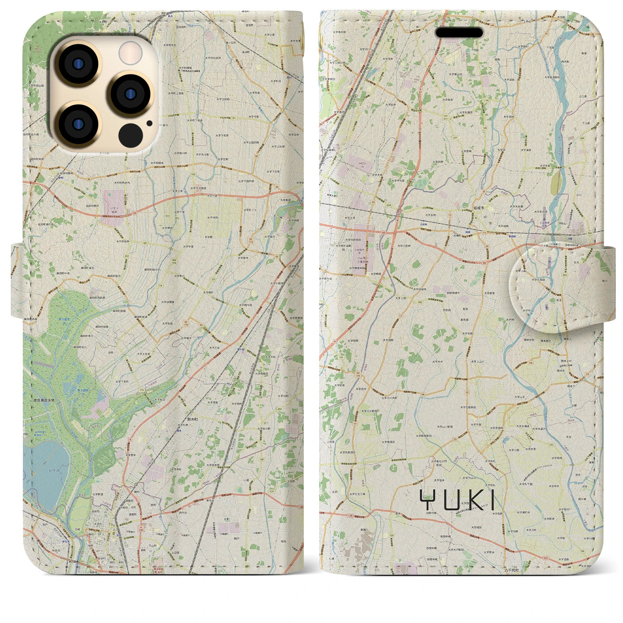 【結城】地図柄iPhoneケース（手帳両面タイプ・ナチュラル）iPhone 12 Pro Max 用