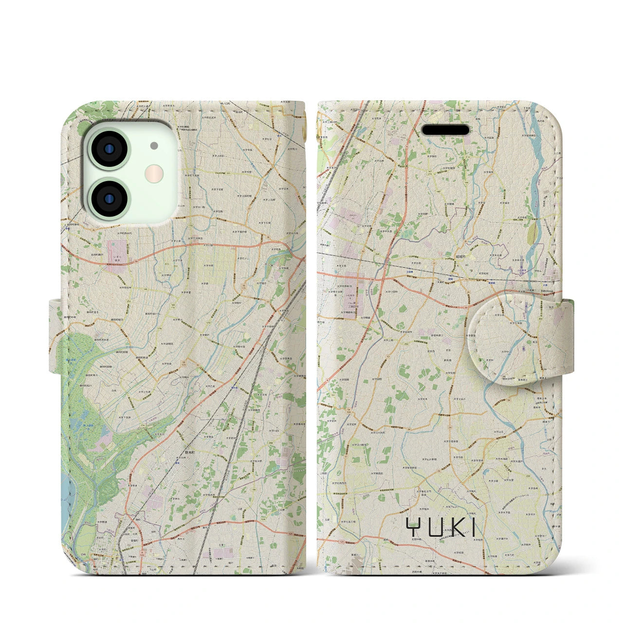 【結城】地図柄iPhoneケース（手帳両面タイプ・ナチュラル）iPhone 12 mini 用