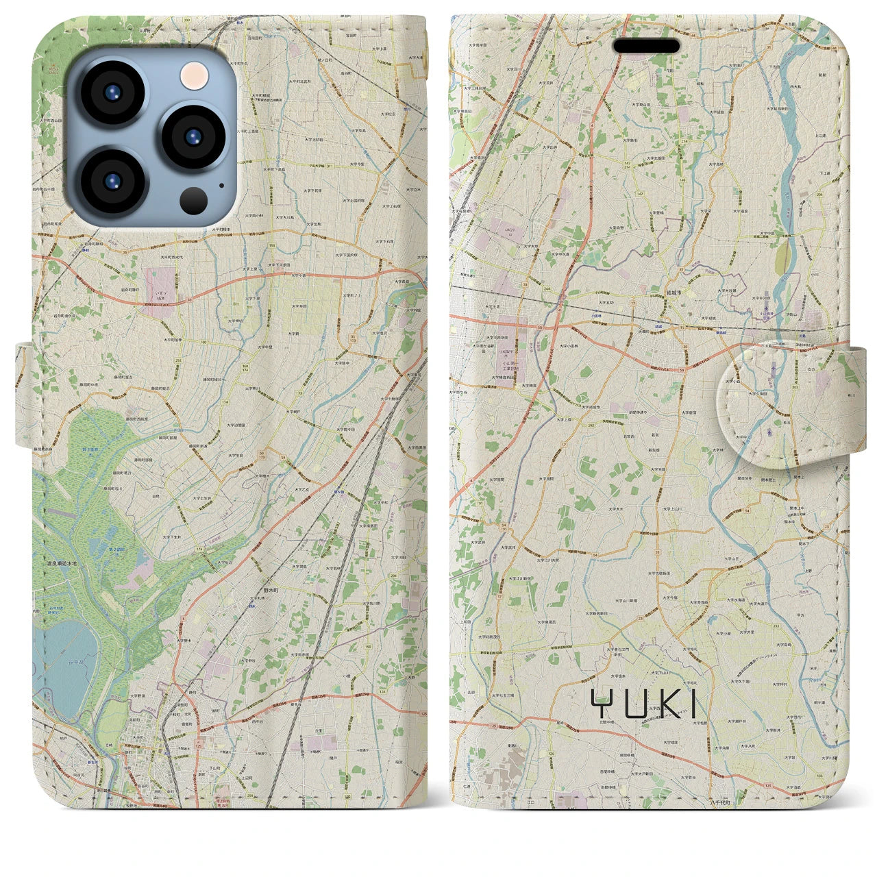 【結城】地図柄iPhoneケース（手帳両面タイプ・ナチュラル）iPhone 13 Pro Max 用