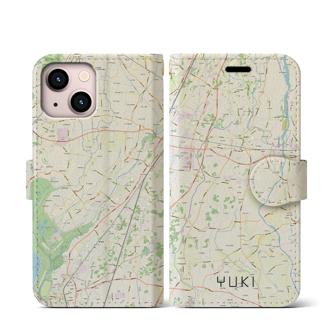 【結城】地図柄iPhoneケース（手帳両面タイプ・ナチュラル）iPhone 13 mini 用