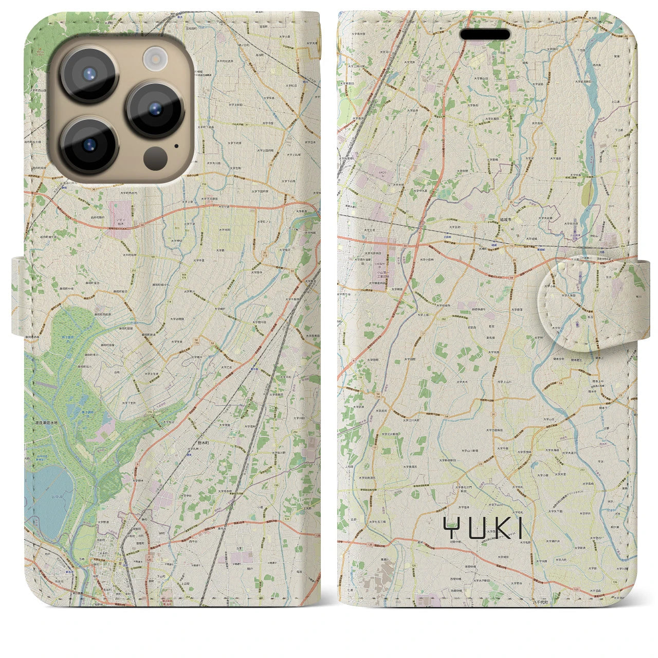 【結城】地図柄iPhoneケース（手帳両面タイプ・ナチュラル）iPhone 14 Pro Max 用